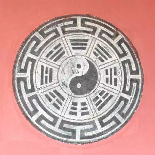 Ancient Chinese Feng Shui compass featuring an intricately carved stone Bagua medallion with central Yin-Yang symbol. The circular artifact displays Chinese characters representing the eight trigrams surrounding the Taiji, mounted against a terracotta red background. This traditional tool guides practitioners in harmonizing space energy according to classical principles.